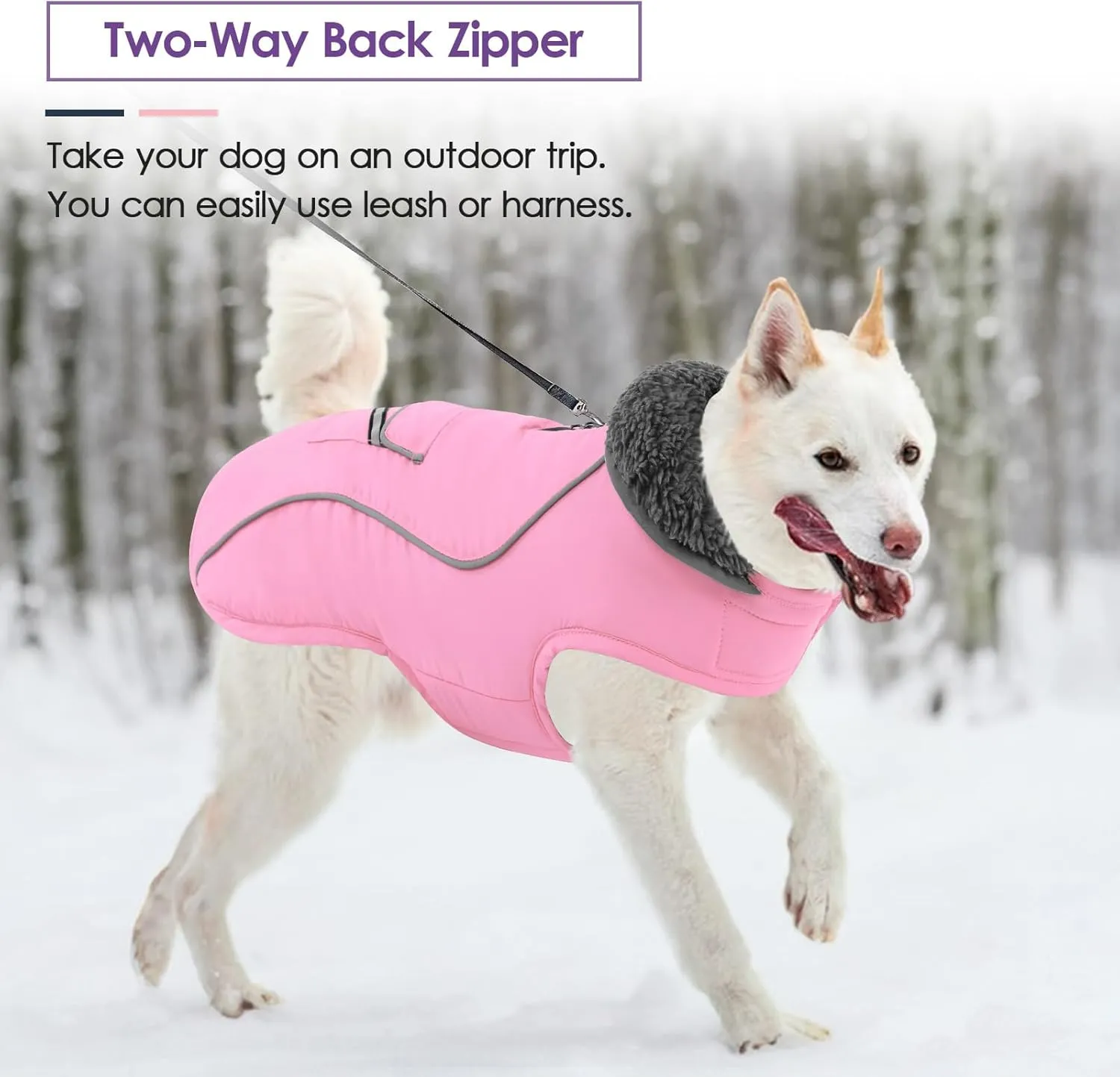 SUNFURA Small Dog Coat, Warm Jacket With Zippered Leash Hole for Cold Weather, Reflective Winter Fleece With Adjustable Furry Collar for Small Dogs, Light Pink S