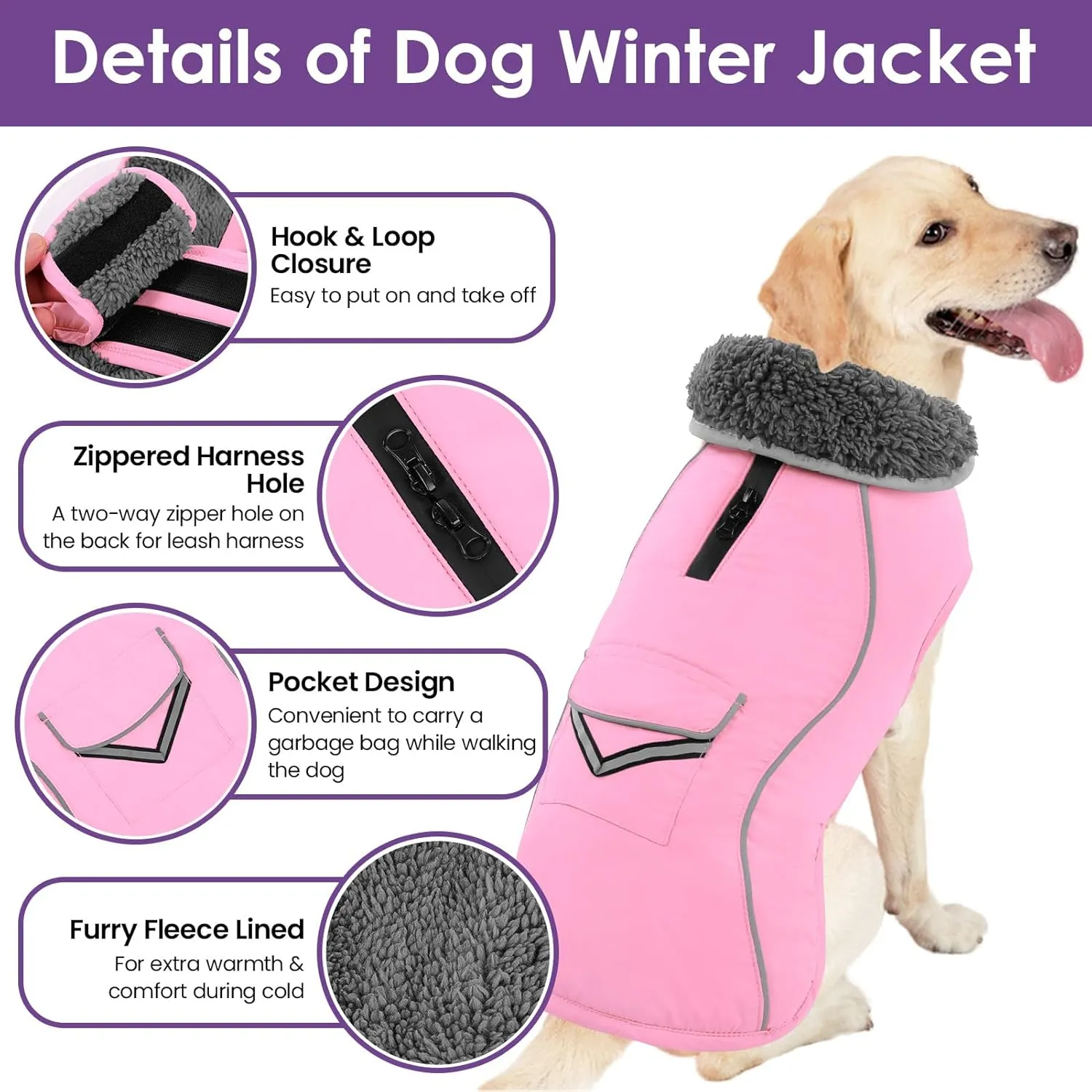 SUNFURA Small Dog Coat, Warm Jacket With Zippered Leash Hole for Cold Weather, Reflective Winter Fleece With Adjustable Furry Collar for Small Dogs, Light Pink S