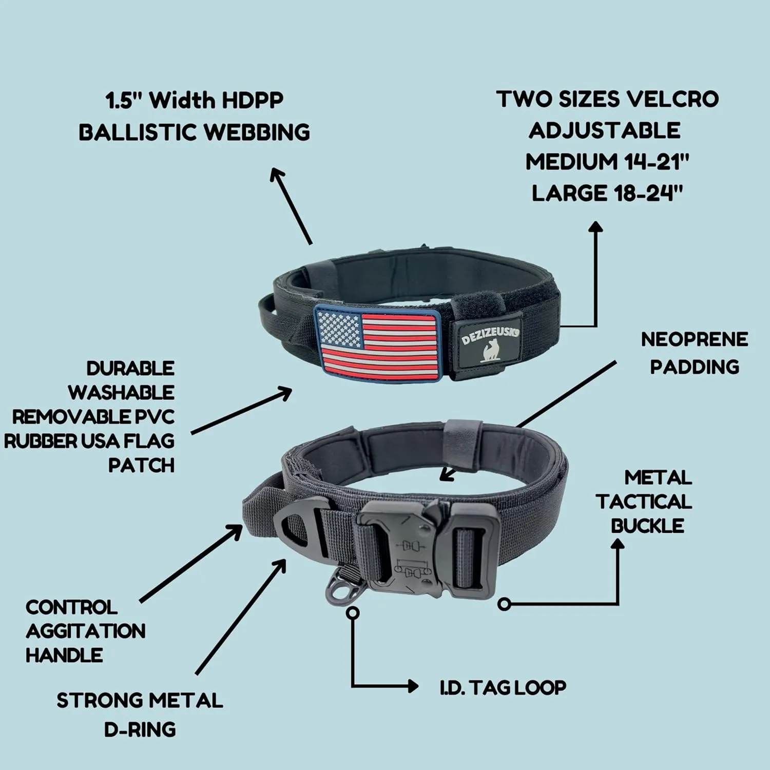 Tactical Dog Collar with Handle, American Flag Patch, 1.5 Inch Wide Thick Heavy Duty Nylon, Quick Release Metal Buckle, Customizable Name Plate, Ideal Dog Collars for Medium to Large Breeds K9 Harness