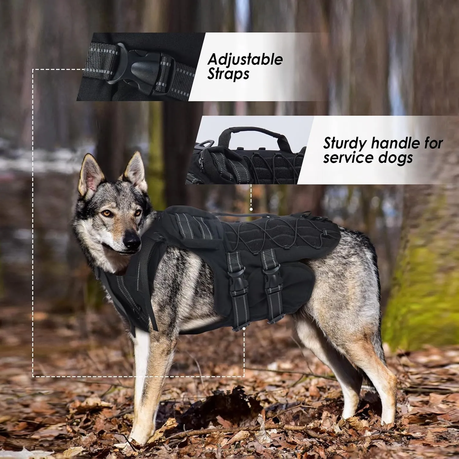 Tactical Dog Vest Harness, Large Dog Harness Heavy Duty, Adjustable Military Dog Vest Harness for Training Hunting Walking, Dog Harness with Pockets, No-Pull Service Dog Vest Large Breed, Black, XL