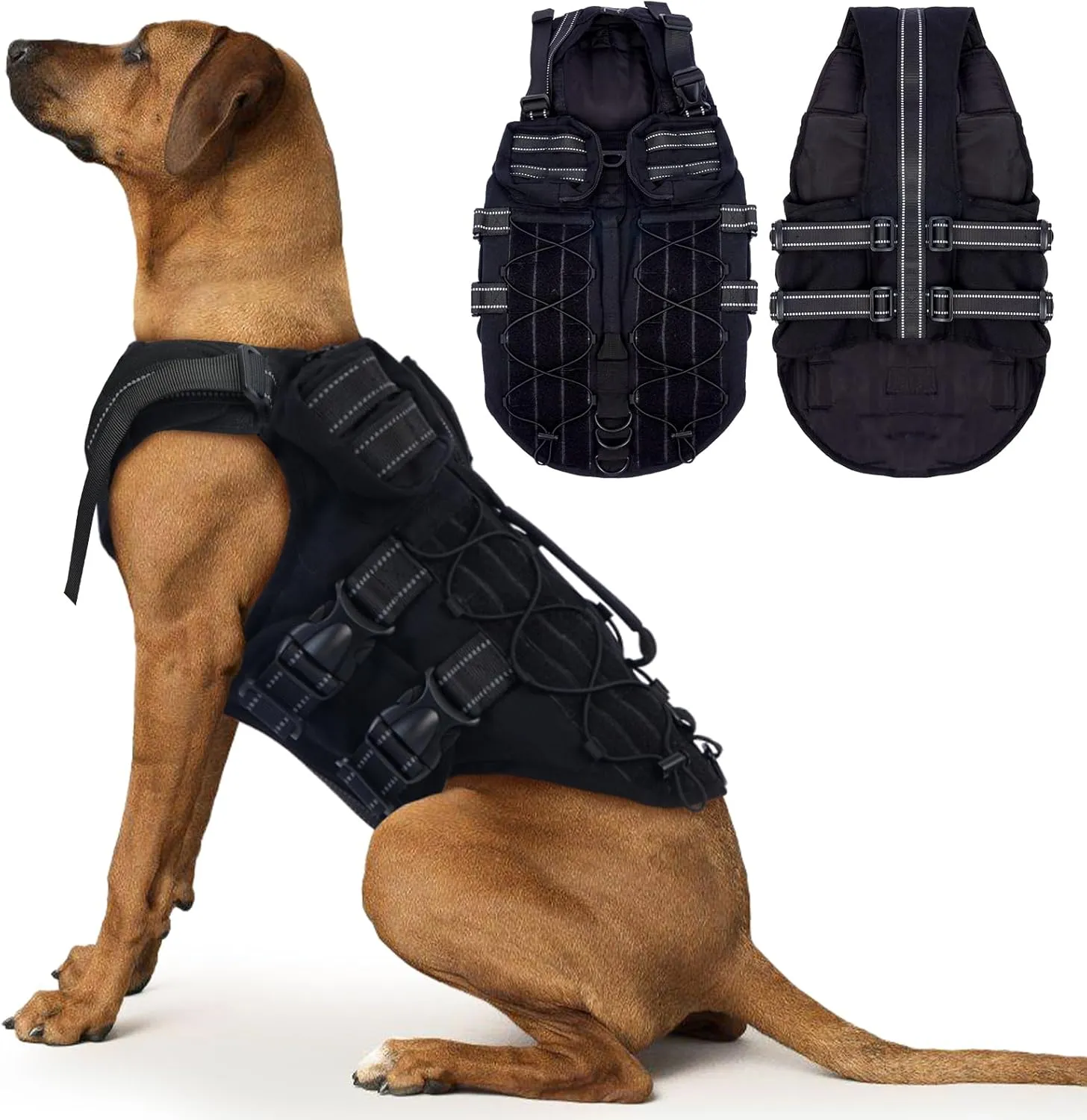 Tactical Dog Vest Harness, Large Dog Harness Heavy Duty, Adjustable Military Dog Vest Harness for Training Hunting Walking, Dog Harness with Pockets, No-Pull Service Dog Vest Large Breed, Black, XL