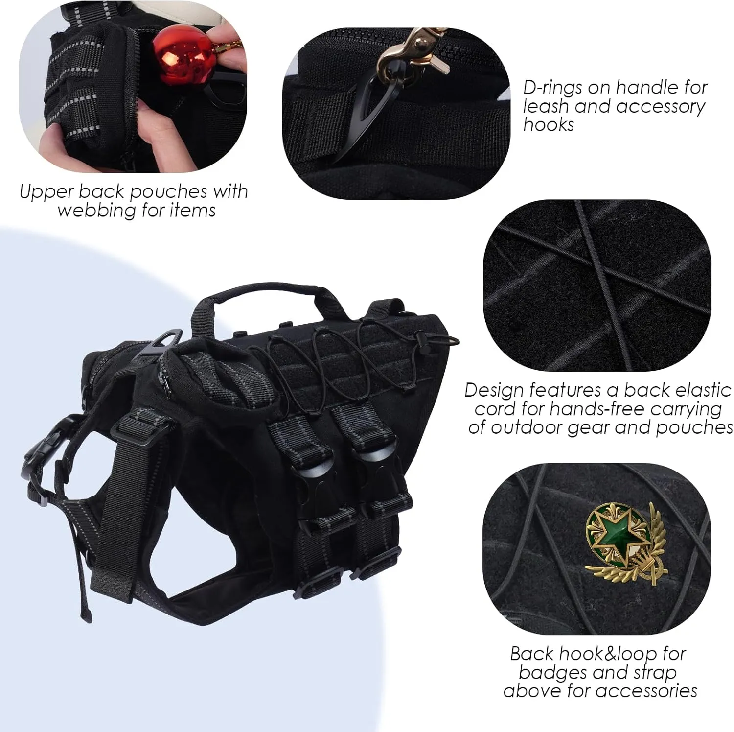 Tactical Dog Vest Harness, Large Dog Harness Heavy Duty, Adjustable Military Dog Vest Harness for Training Hunting Walking, Dog Harness with Pockets, No-Pull Service Dog Vest Large Breed, Black, XL