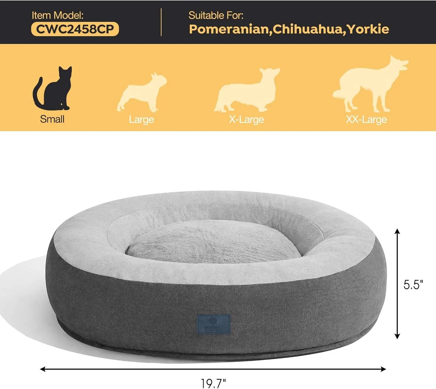 Veehoo Calming Donut Cat Dog Bed, Round Dog Cushion Bed Anti-Anxiety Donut Cuddler Warming Cozy Soft Pet Bed Mashine Washable for Small Medium Dogs and Cats, 19.7inches Smoke Gray