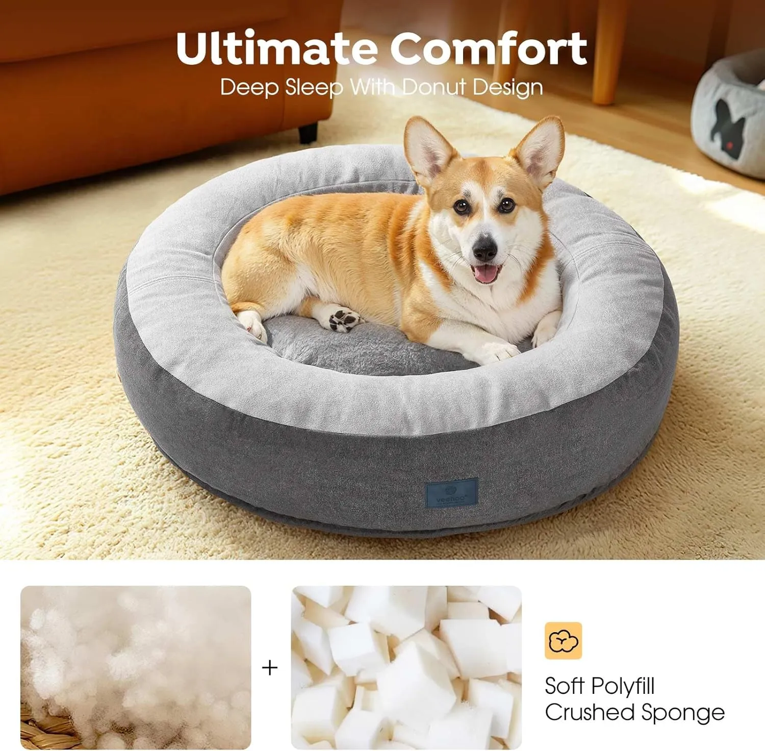 Veehoo Calming Donut Cat Dog Bed, Round Dog Cushion Bed Anti-Anxiety Donut Cuddler Warming Cozy Soft Pet Bed Mashine Washable for Small Medium Dogs and Cats, 19.7inches Smoke Gray