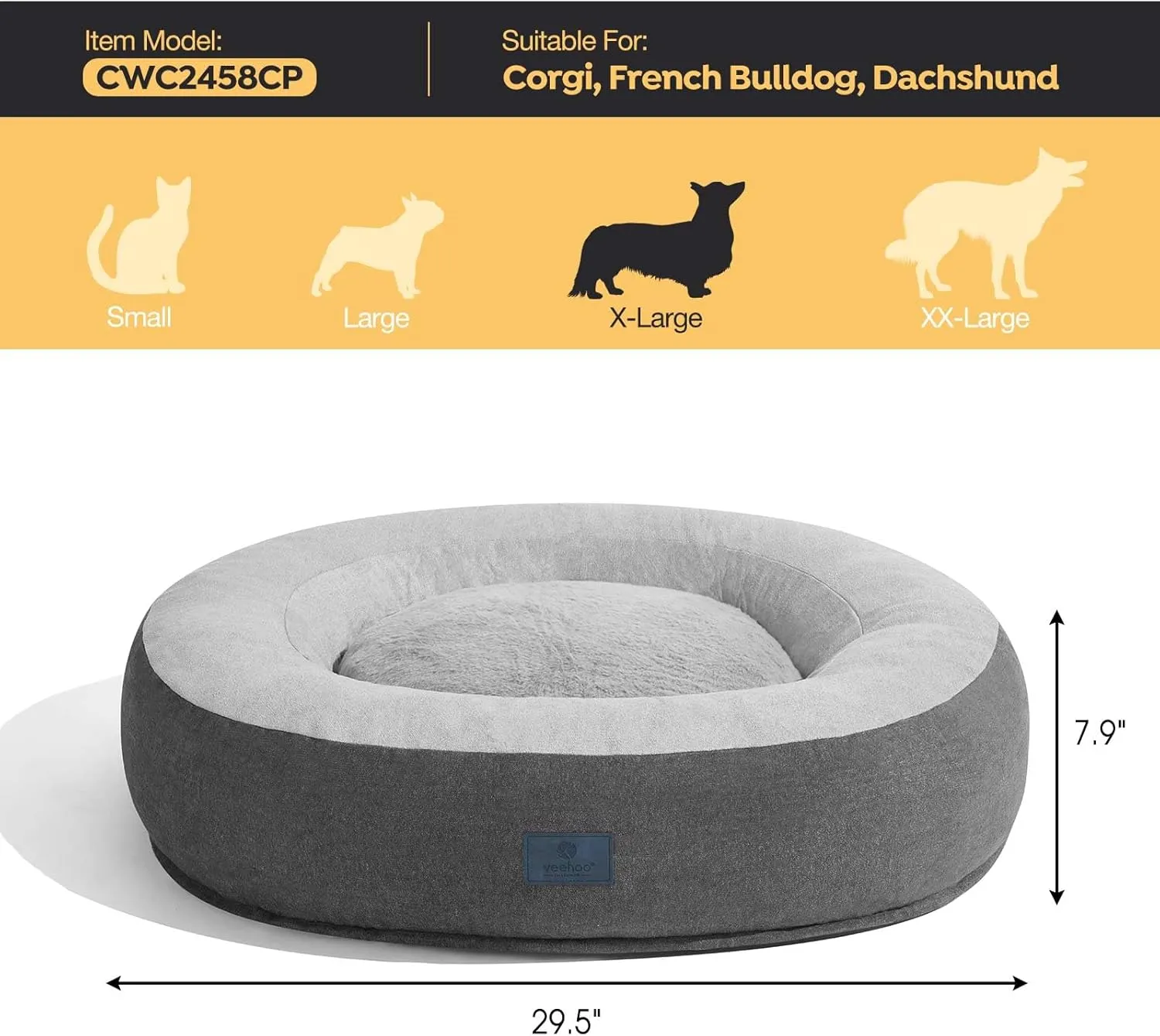 Veehoo Calming Donut Cat Dog Bed, Round Dog Cushion Bed Anti-Anxiety Donut Cuddler Warming Cozy Soft Pet Bed Mashine Washable for Small Medium Dogs and Cats, 29.5inches Smoke Gray