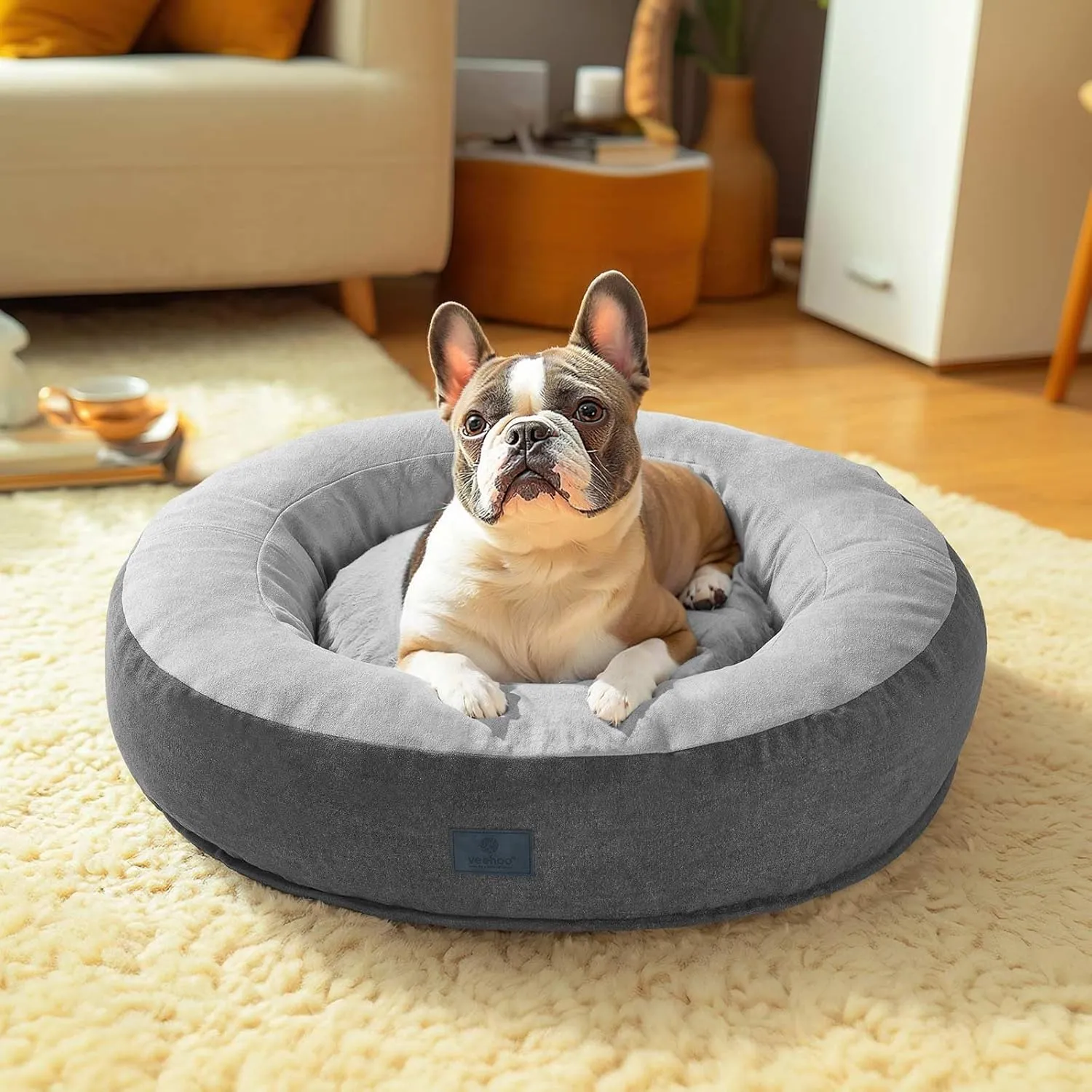 Veehoo Calming Donut Cat Dog Bed, Round Dog Cushion Bed Anti-Anxiety Donut Cuddler Warming Cozy Soft Pet Bed Mashine Washable for Small Medium Dogs and Cats, 29.5inches Smoke Gray