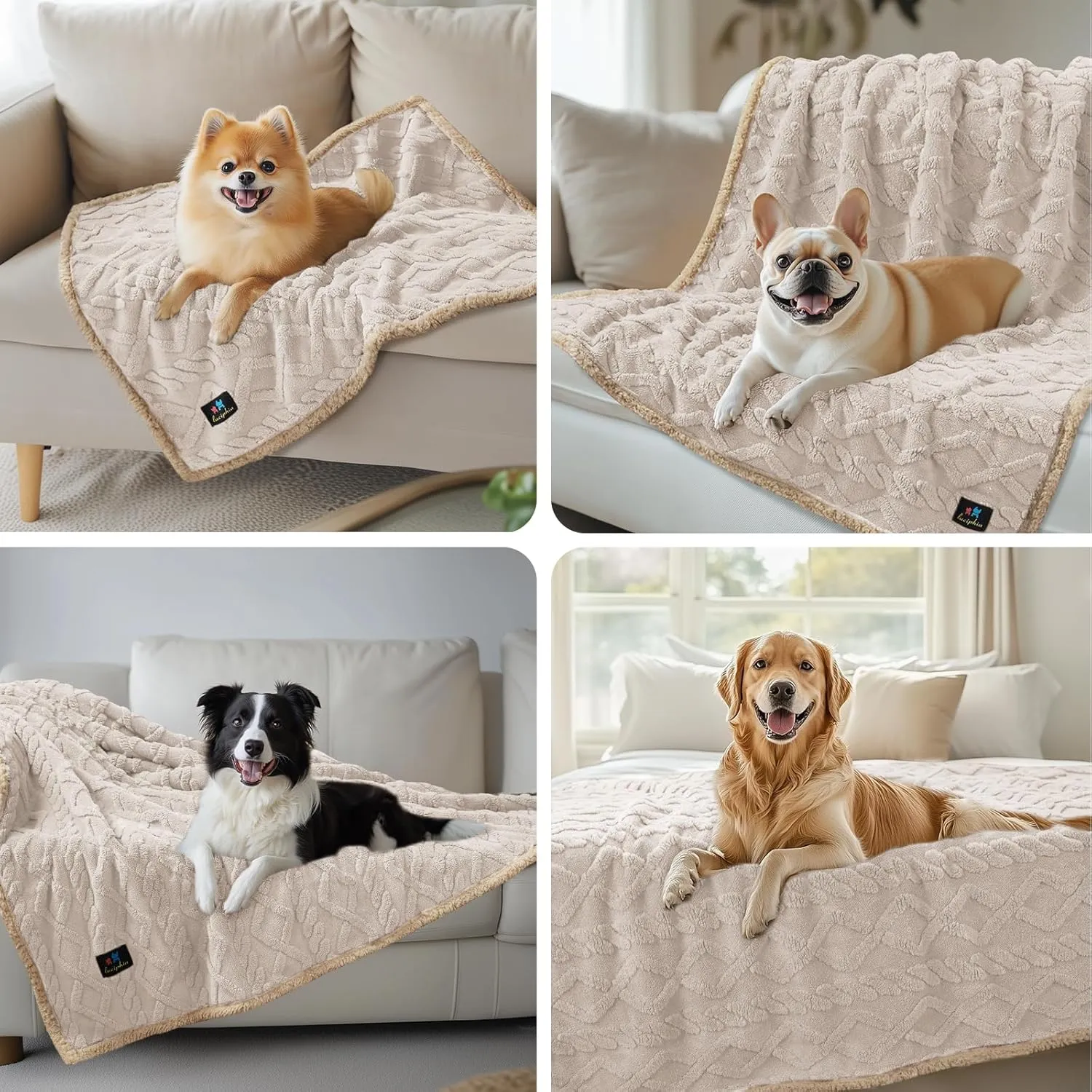 Waterproof Pet Blanket, Liquid Pee Proof Dog Blankets for Sofa Bed Couch, Reversible Sherpa Fleece Furniture Protector Cover for Small Medium Large Dogs Cats,Beige-Thicken Large65" x 57"