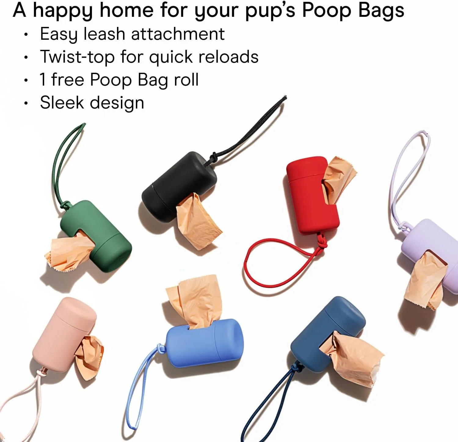 Wild One Dog Poop Bag Holder and Dispenser with Leash Attachment, Leak Proof, Easy Twist Top for Refills, Includes 1 Roll Poop Bags, Navy