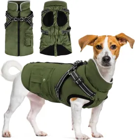 Winter Coat With Harness | Jacket Waterproof With Zipper and Fleece | Warm Dog Coat With Reflective for Small Medium Dogs (Army Green)
