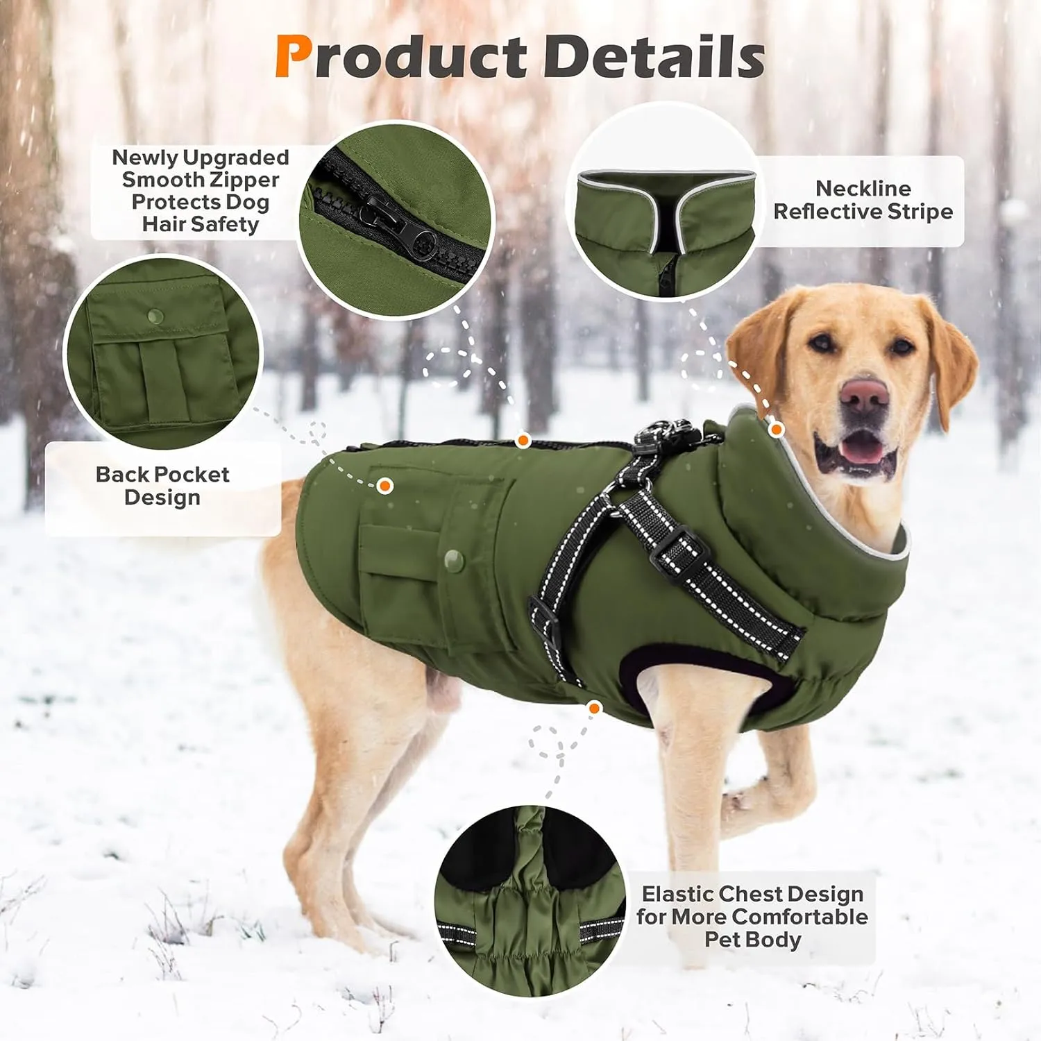 Winter Coat With Harness | Jacket Waterproof With Zipper and Fleece | Warm Dog Coat With Reflective for Small Medium Dogs (Army Green)