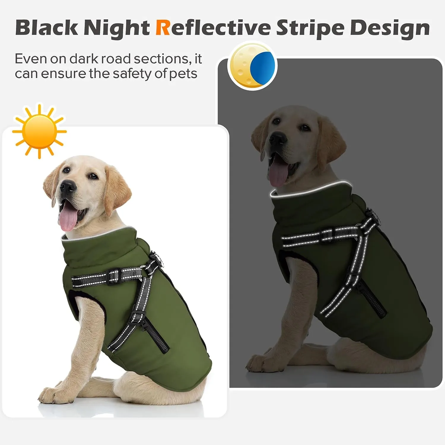 Winter Coat With Harness | Jacket Waterproof With Zipper and Fleece | Warm Dog Coat With Reflective for Small Medium Dogs (Army Green)