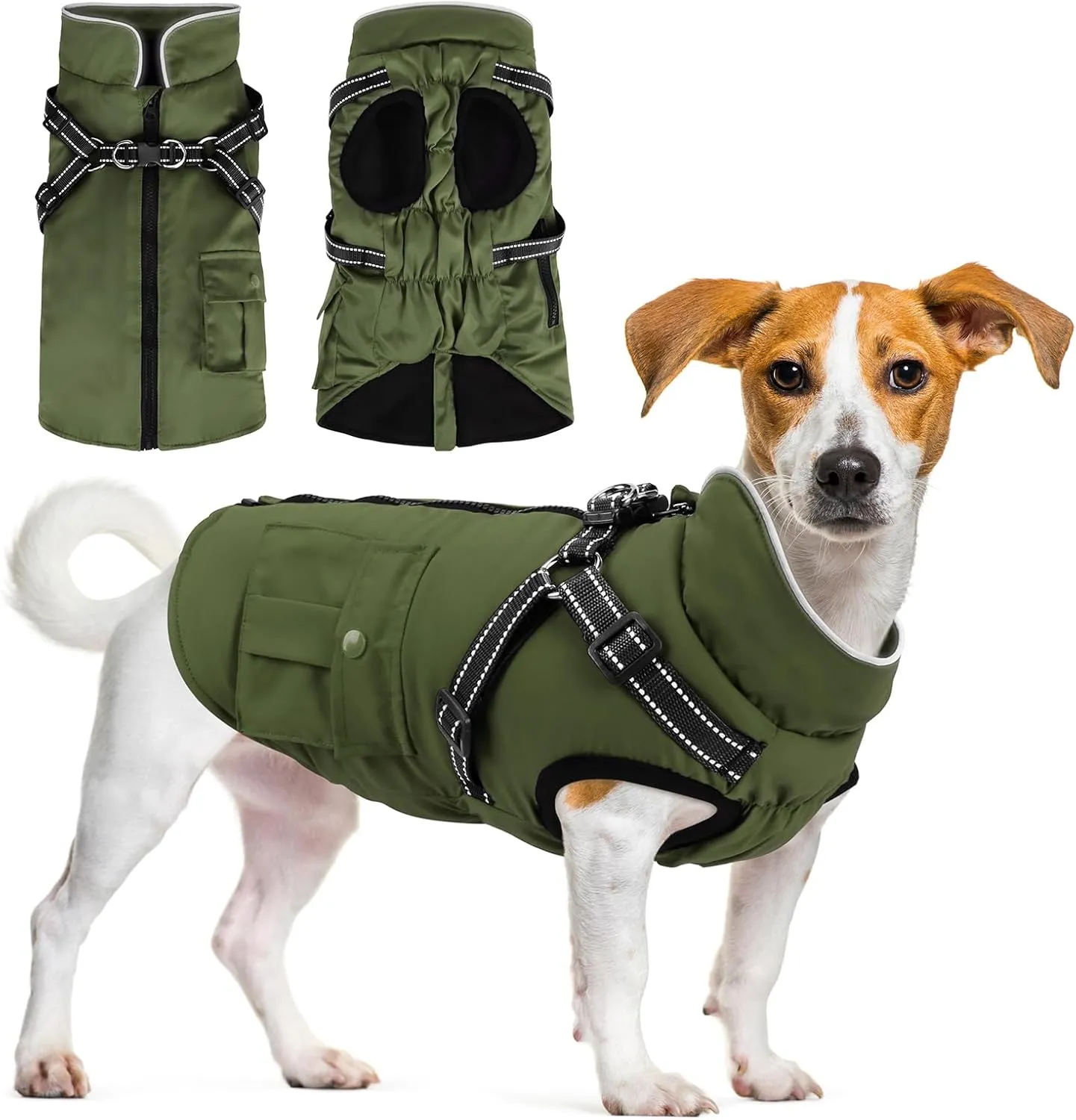 Winter Coat With Harness | Jacket Waterproof With Zipper and Fleece | Warm Dog Coat With Reflective for Small Medium Dogs (Army Green)